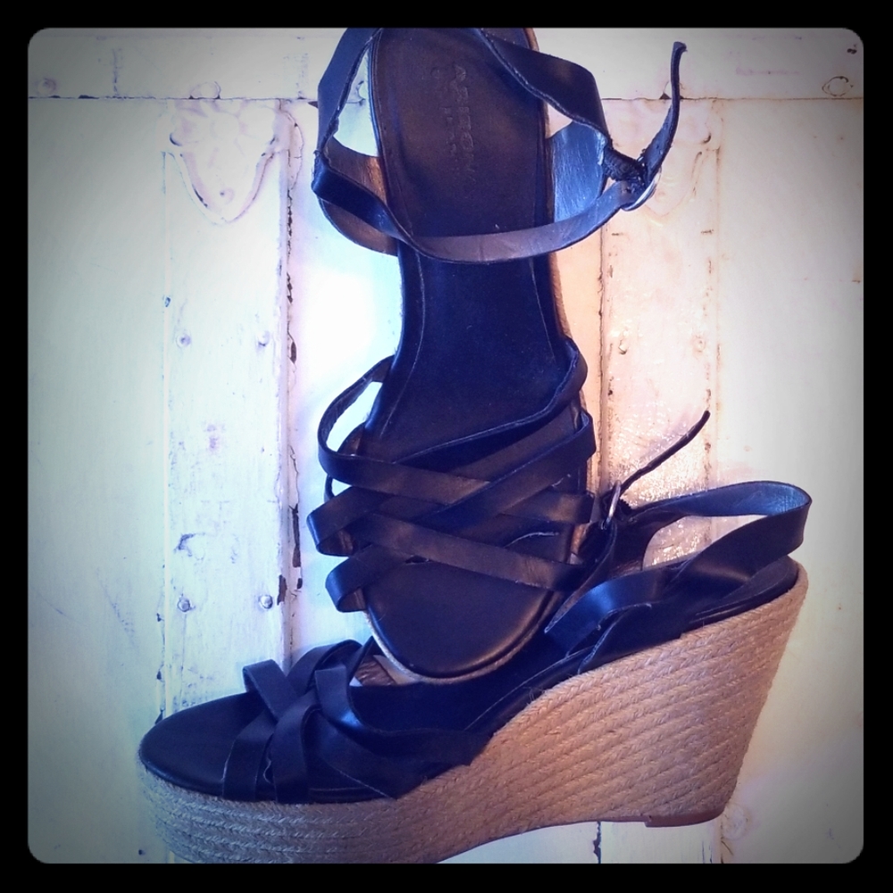 Black leather espadrille wedges